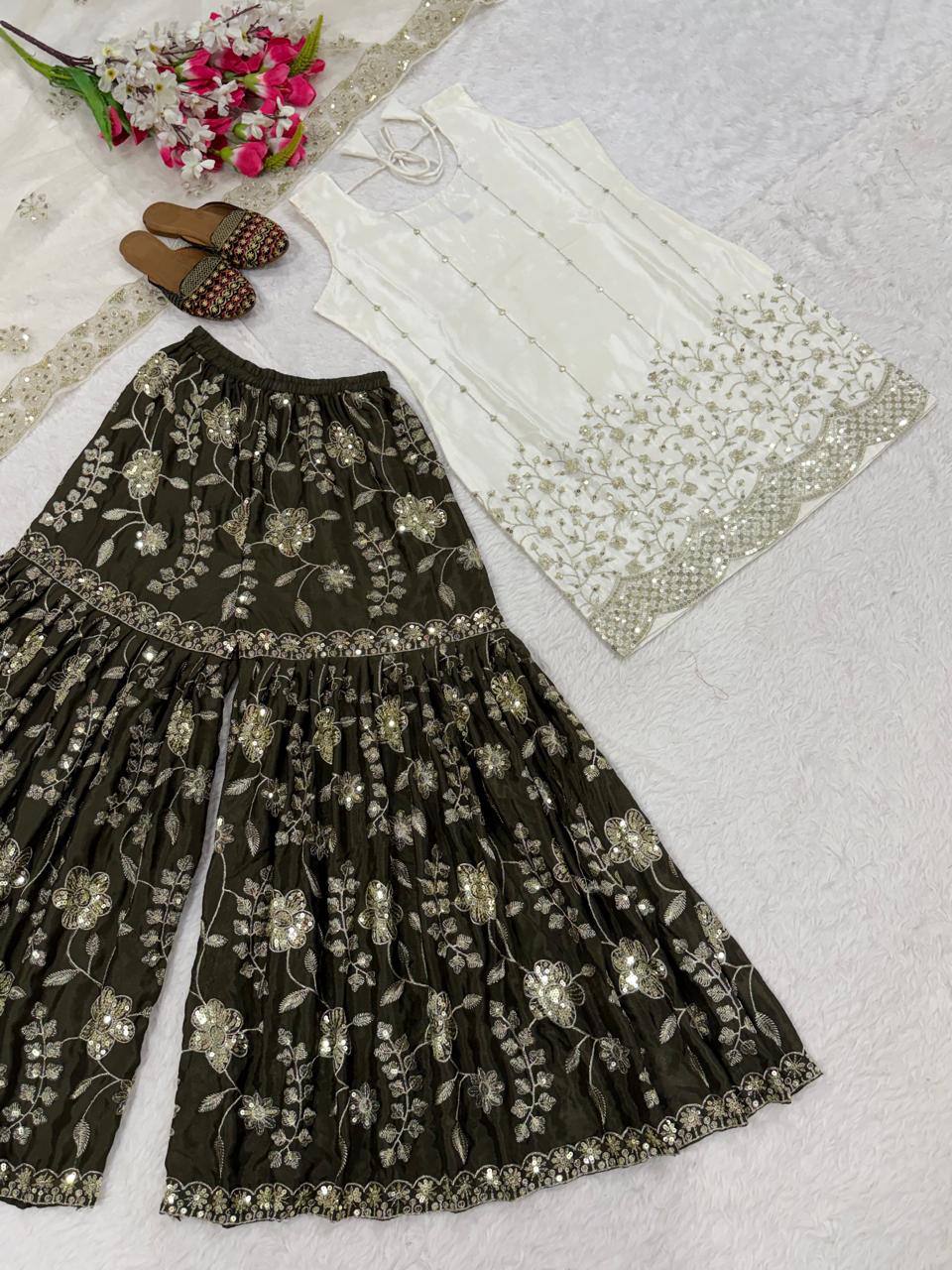 Modern Ivory & Dark Bronze Flared Silk Set
